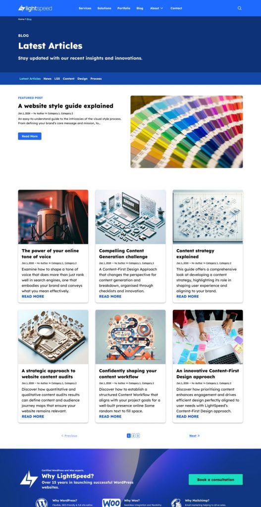 An image of the blog page of the Standard WordPress site prototype